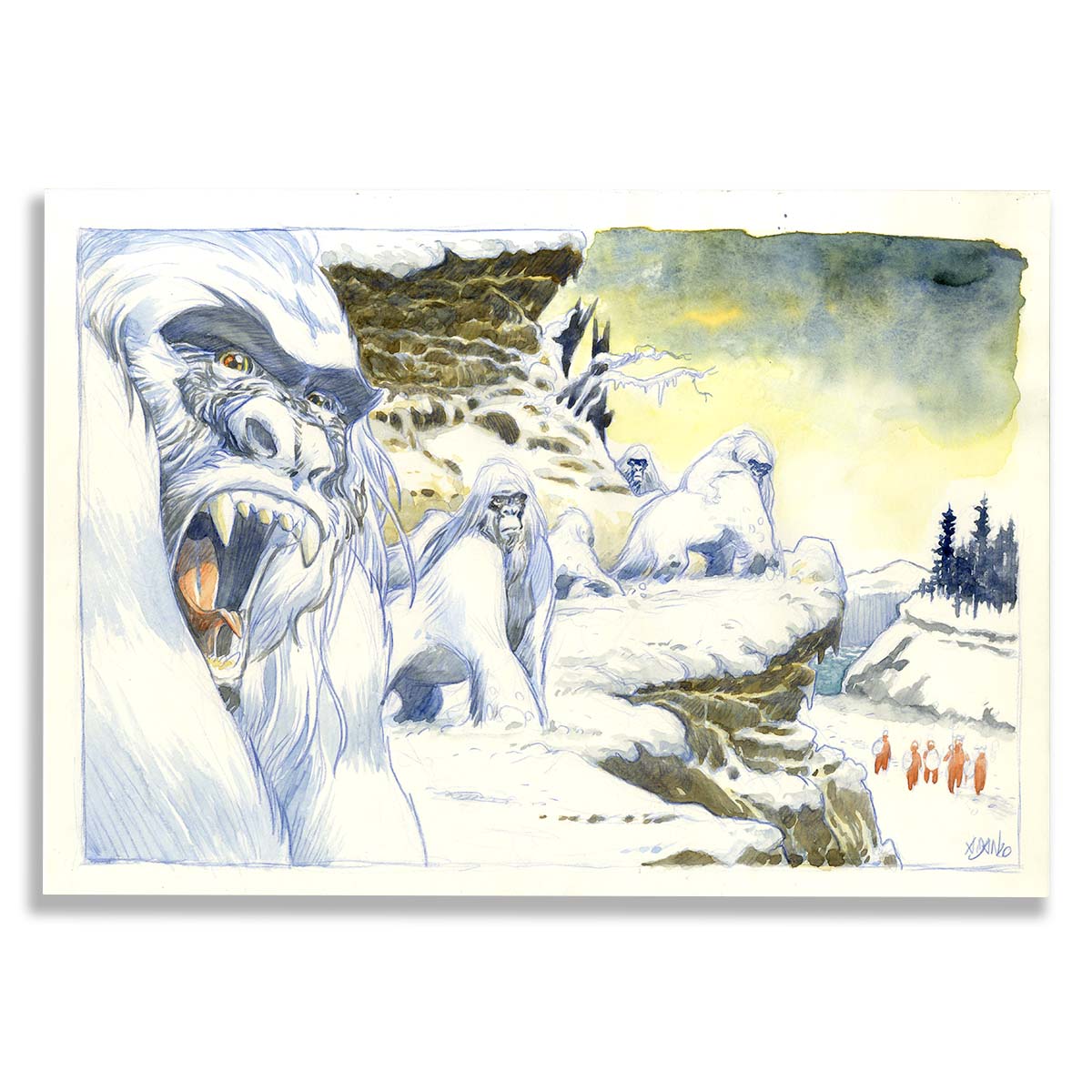 Illustration originale A.Dan, Gorilles des neiges